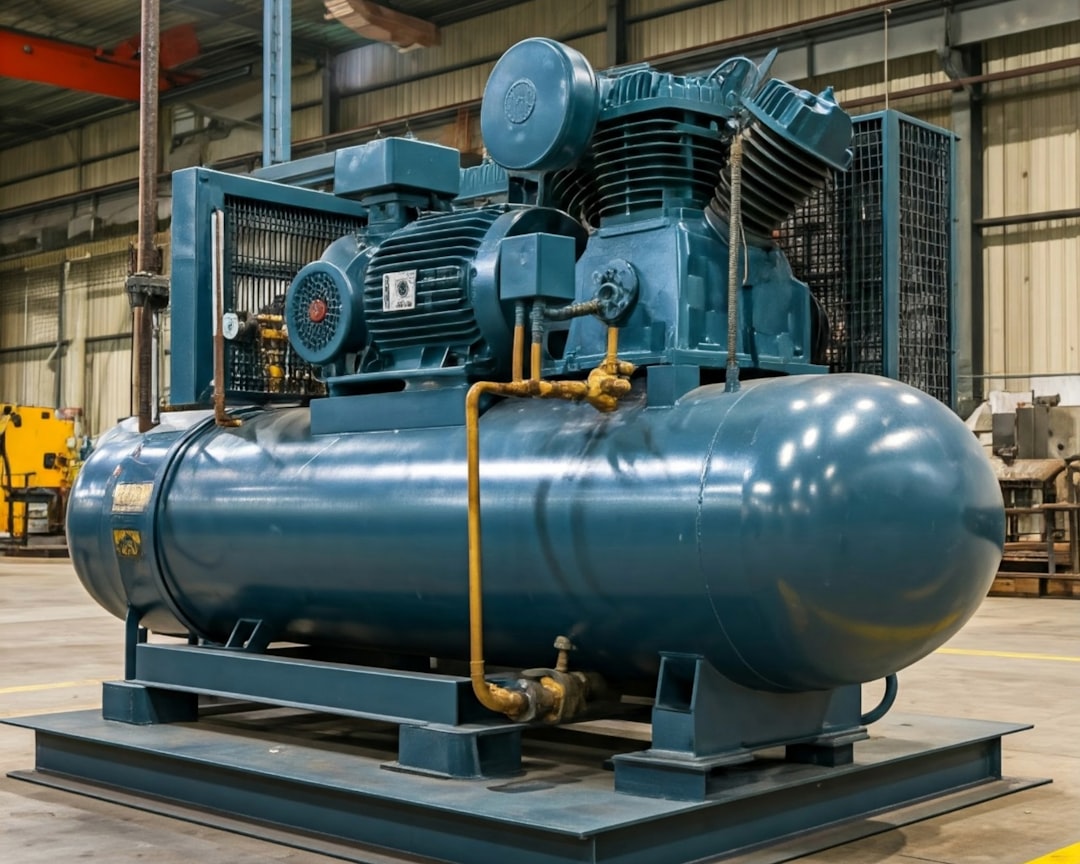 Compresor de aire acondicionado industrial en sala de máquinas con instalación profesional